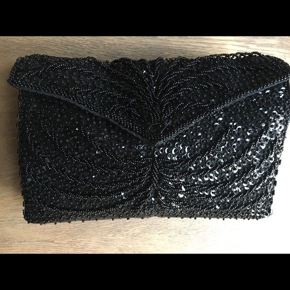 1950’s SATIN BLACK BEADED CLUTCH BAG - Picture 1 of 6